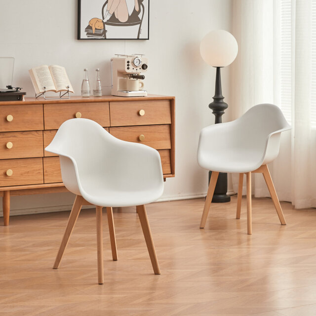 39cm H Modern Minimalist Style Dining Armchair, Plastic Seat with Solid Wood Legs for Kitchen
