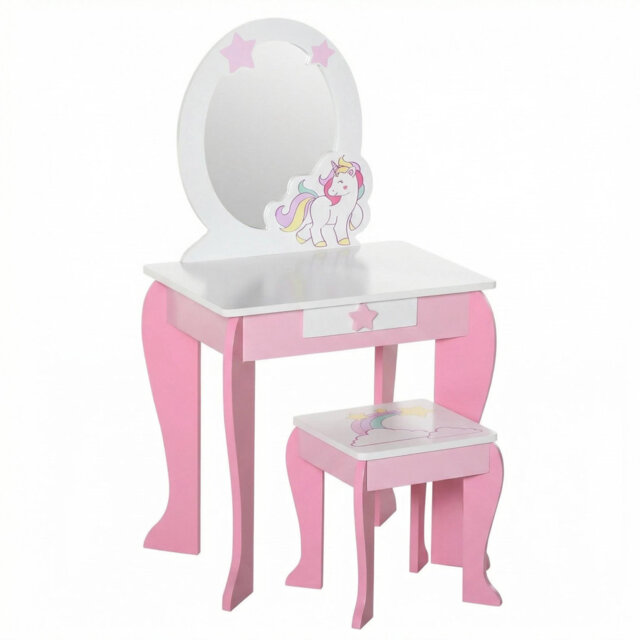 Cute Unicorn-Themed Girls' Room Decor Set: Storage Drawer Stool, Mirror, and Vanity Table