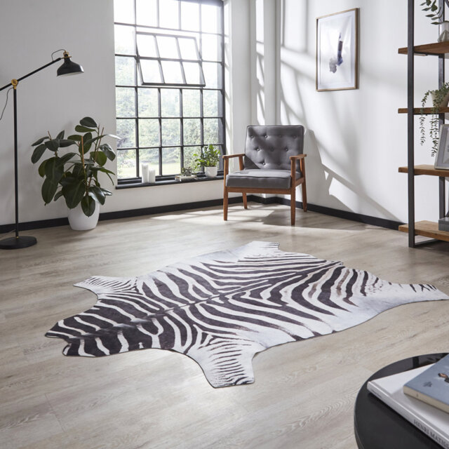 Calandra Faux Zebra Print area rug Printed Animal Skin Black