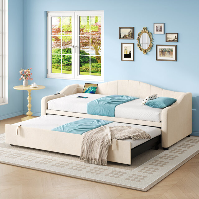 Aalexus Beige Velvet 3ft Single Velvet Daybed Sofa Bed  with Charging Station, with USB and Type - C Ports, Pull out Trundle Bed (No Mattress)