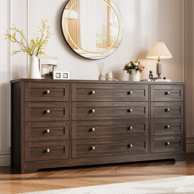 Long Wood Dresser with 12 Drawers,Storage Chest of Drawers with Plug-in Charging Hub,Sturdy Steel Frame,55 Inch TV Stand for Living Room,Closet,Entryw