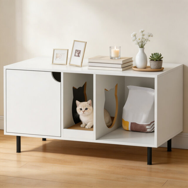 Wooden Hidden Cat Litter Box Enclosure End Table - Indoor Dual Compartment Cat House Furniture with Removable Scratching Board