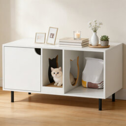 Wooden Hidden Cat Litter Box Enclosure End Table - Indoor Dual Compartment Cat House Furniture with Removable Scratching Board