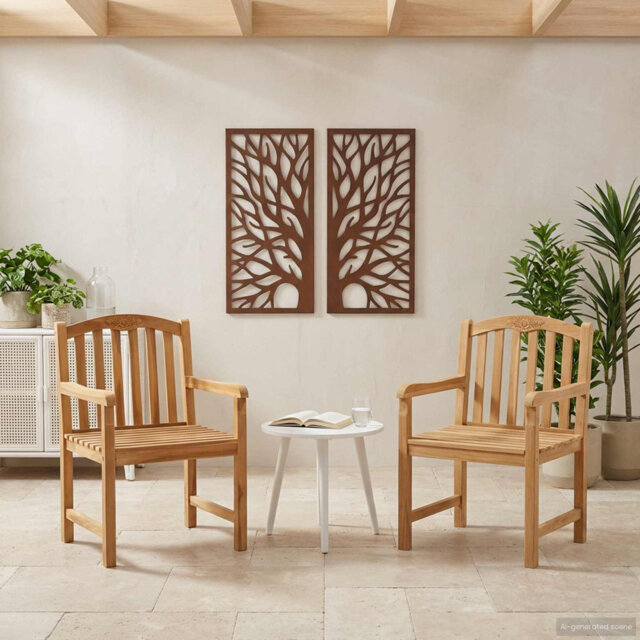 Handcarved Rose Chair 2 pcs Natural Solid Teak Wood Outdoor Seating