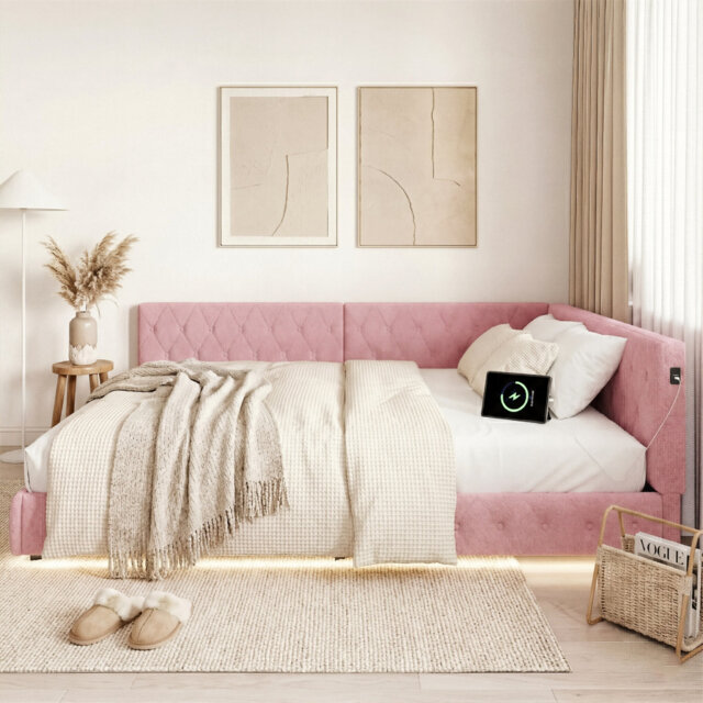 UK Double (4'6) Teddy Fleece Upholstered Daybed With LED Lights & USB-C Charging, L-Shaped Sofa Bed Frame, Pink & White, 135X190cm
