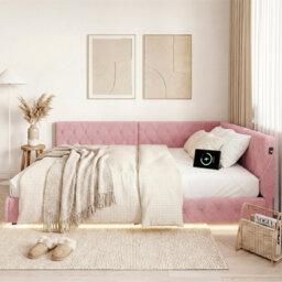 UK Double (4'6) Teddy Fleece Upholstered Daybed With LED Lights & USB-C Charging, L-Shaped Sofa Bed Frame, Pink & White, 135X190cm