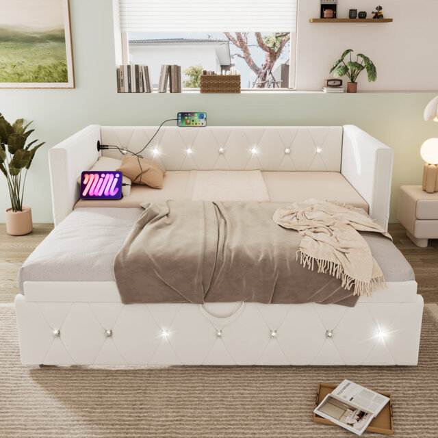 3FT Single Daybed Sofa Bed with Pull-Out Trundle,  Velvet Upholstered Frame, Ideal for Living Room and Bedroom, 90x190cm