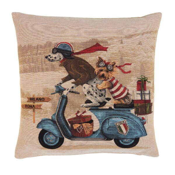 Blue Scooter Dogs Tapestry Cushion with Feather Filler