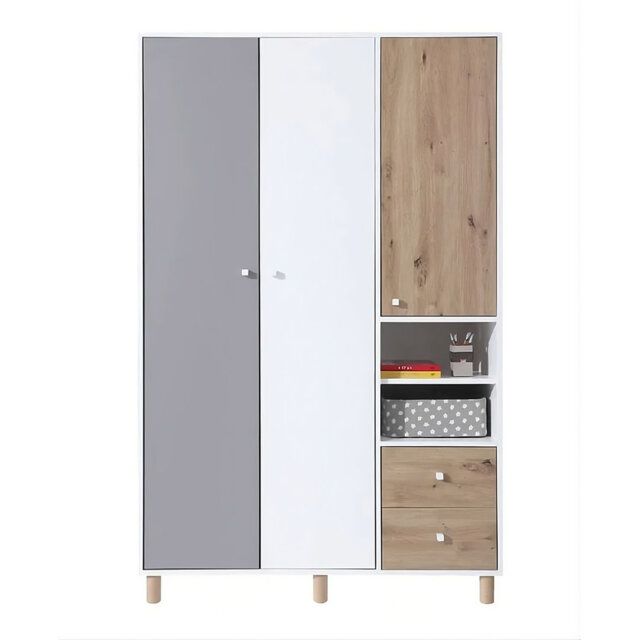 Faro Triple Wardrobe 120cm White Artisan Oak and Grey with Shelves and Drawers