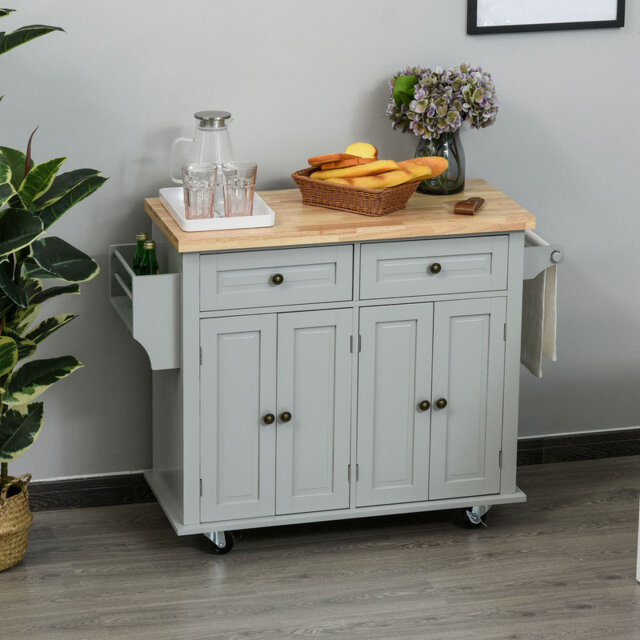 Rolling Kitchen Island Cart with Rubber Wood Top Storage & Drawers for Dining Room,Grey