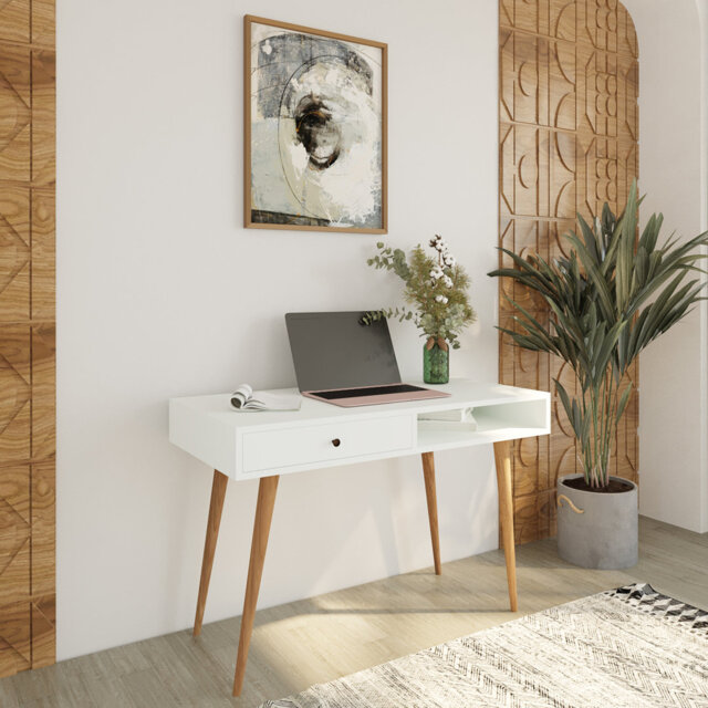 Bimossa Janus 114x56 cm Desk for Home Office and Study, Writing Table, Workstation with Drawers and Open Shelf, Office Laptop, Kids or Laptop Desktop