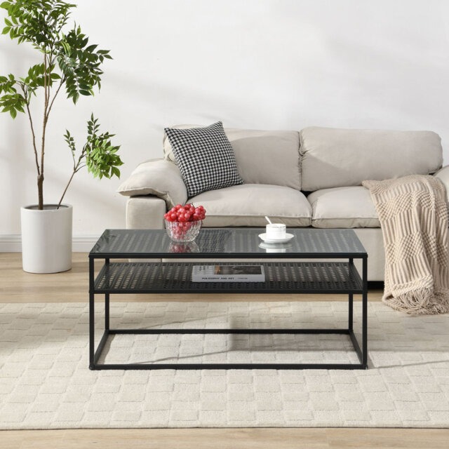 Coffee Table Glass Rectangular 100 Cm Metal Living Room Table Shelf
