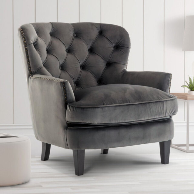 Higgenbotham Velvet Wingback Accent Chair with Button-Tufted Back and Nailhead Trim