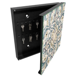 Key storage box, Opens to the left, 30x30x5, Black, Symmetrical pattern in turquoise and beige,
