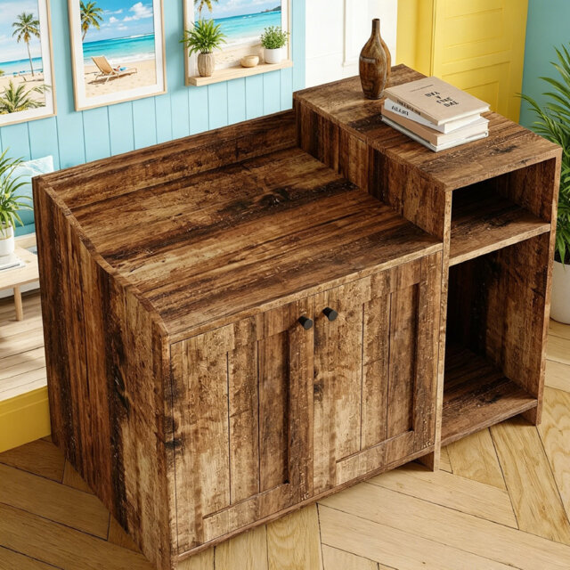 86cm Cat Litter Box Enclosure Furniture, Wooden Hidden Litter Box Cabinet with Vent Door, Left Side Storage Drawer and Shelf, Small Storage Cabinet wi