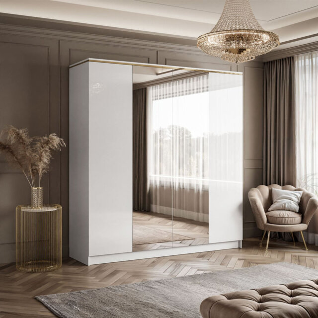 AURORA 4D white gloss Wardrobe with mirror, Push-to-Open