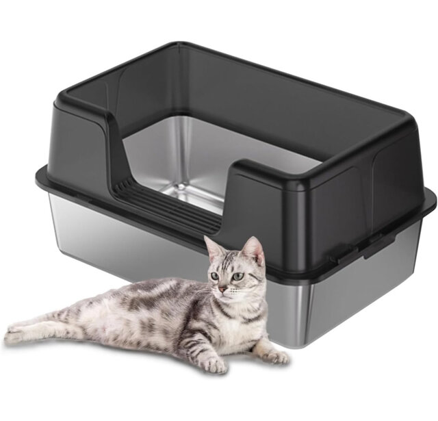Large Semi-Enclosed Stainless Steel Cat Litter Box with Lid, High-Sided Enclosure Anti-Splash Litter Pan, Removable Tray, Non-Slip Mat & Scoop, Easy t