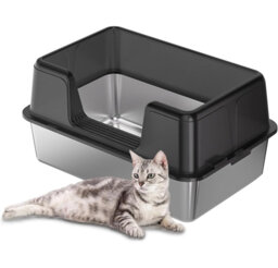Large Semi-Enclosed Stainless Steel Cat Litter Box with Lid, High-Sided Enclosure Anti-Splash Litter Pan, Removable Tray, Non-Slip Mat & Scoop, Easy t