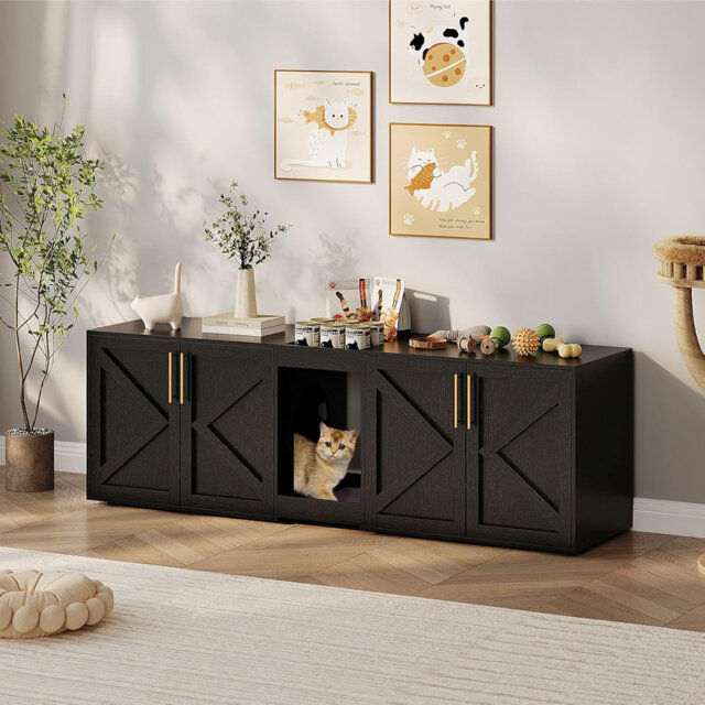 Double Cat Litter Box Enclosure,Hidden Litter Box Furniture for 2 Cats,Wooden Litter Box Enclosure Furniture,Side End Table, TV Stand,55''L x 17.72''W