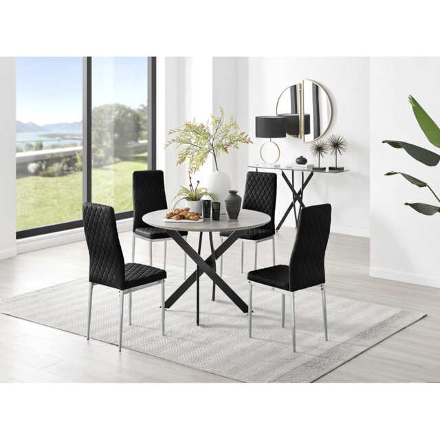 Tierra Modern Chrome Metal & Glass Round Dining Table Set with 4 Quilted Velvet Chairs