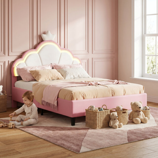 Single Princess Bed With LED Light, Upholstered Bed With Adjustable Headboard, Children Bed Frame, Pink Velvet, Easy Assembly