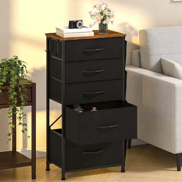 Narrow 5-Drawer Fabric Chest Of Drawers With Side Pocket & Hooks