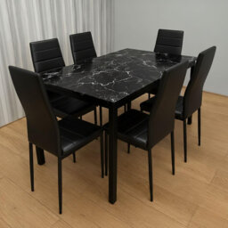 Black Marble Effect Dining Table with 6 Black Faux Leather Chairs Kitchen Furniture