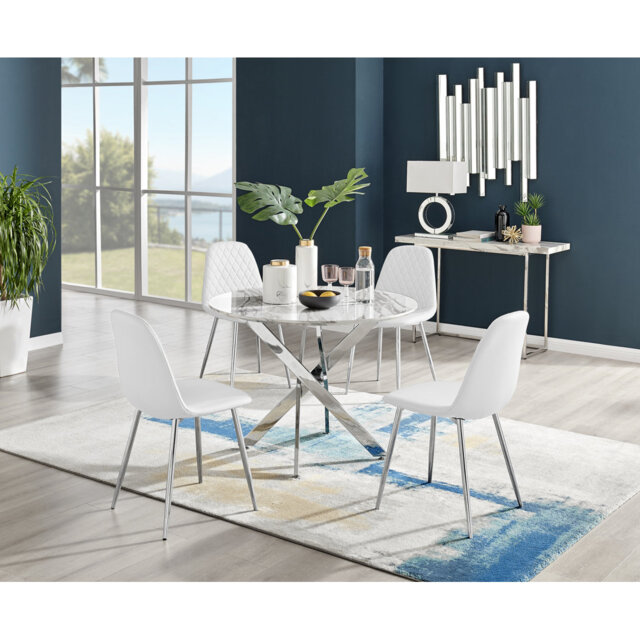Tierra Modern Metal & Glass Round Dining Table Set with 4 Luxury Faux Leather Chairs