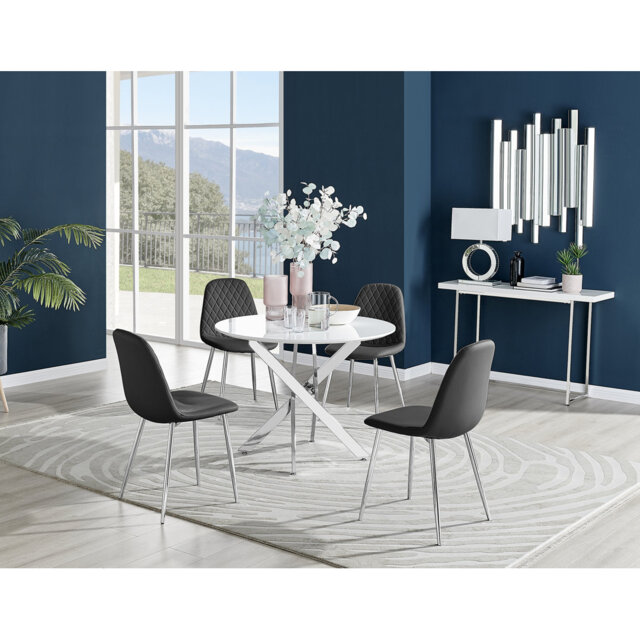 Tierra Modern Metal & Glass Round Dining Table Set with 4 Luxury Faux Leather Chairs