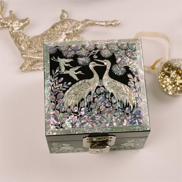 Mini Mother Of Pearl Jewelry Box With Mirror – Gloss Lacquer Crane & Floral Inlay, Velvet Jewelry Organizer Storage – Gift For Women, Anniversary, Bir