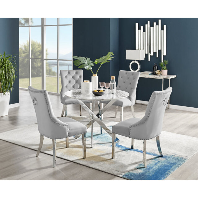 Tierra Modern Chrome Metal & Glass Round Dining Table Set with 4 Luxury Button Velvet Chairs