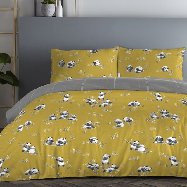 Panda Grey/Yellow 130 TC Reversible Modern & Contemporary Duvet Cover Set