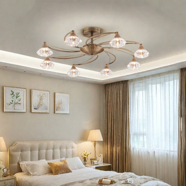8 Light Semi-Flush Ceiling Light, Antique Brass Finish, G9 Bulb Caps, Clear Glass Shades