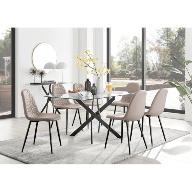Lenworth Black Metal and Glass Rectangular Dining Table Set with 6 Luxury Faux Leather Chairs