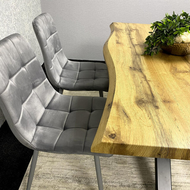 Wood Dining Set with 2 black Velvet Chairs & Grey Velvet Bench
