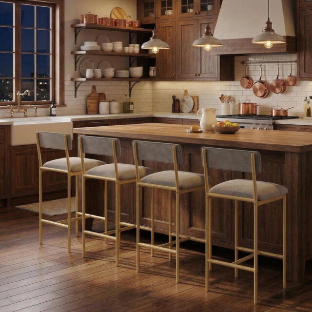 Modern Set of 6 Velvet Bar Stools with Gold Frame for Kitchen Island, Grey