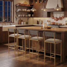 Modern Set of 6 Velvet Bar Stools with Gold Frame for Kitchen Island, Grey