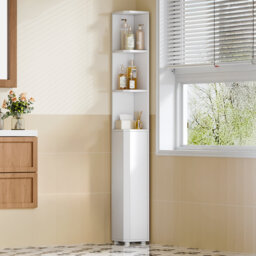 Tall Bathroom Cabinet, Corner Bathroom Cupboard with 3 Open Shelves and 2 Door, Freestanding White Wooden Corner Shelf Unit for Small Spaces, 20 x 20