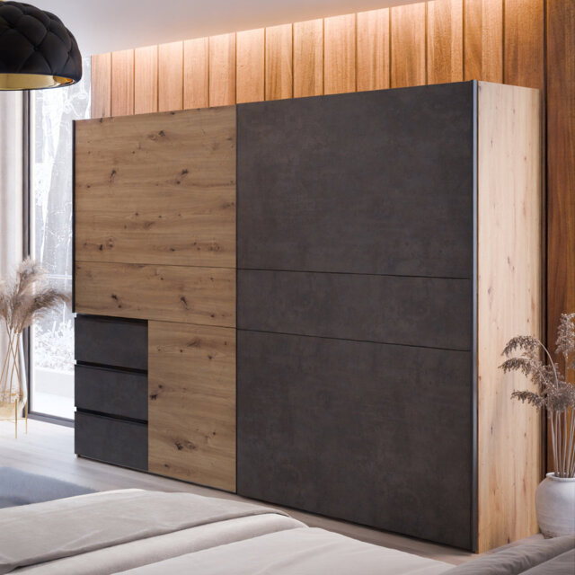 Modern wardrobe with 2 doors, 3 drawers, mirror, clothing rail and shelves, engineered wood, light oak decor/concrete decor, 170.3 cm W x 200.5 cm H x