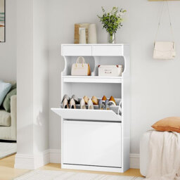 Wooden Shoe Cabinet with 2 Flip Drawers, Pull Down Shoe Cupboard with Open Compartment, Shoes Rack Cabinet for Hallway, Living Room, White, 2 Drawers