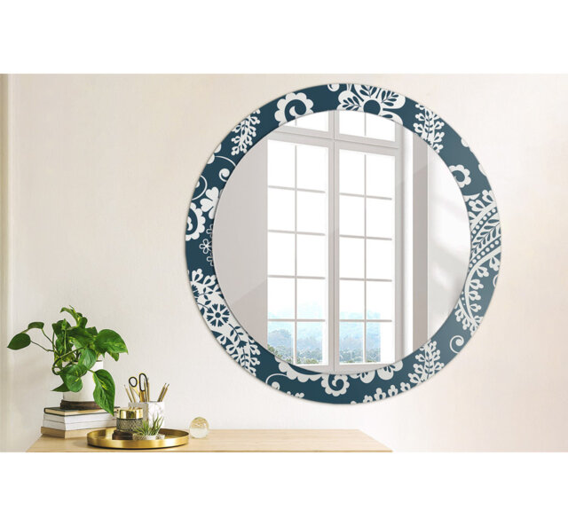 Huldar Round Glass Framed Wall Mounted Accent Mirror in Dark Blue/White