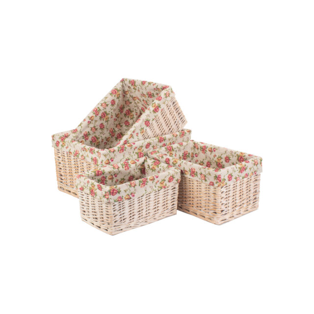 4 Piece Wicker Storage Basket Set with Garden Rose Lining