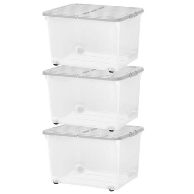 Wham 44L Plastic Storage Box with Wheels and Folding Lid Pack of 3 Clear/Cool Grey