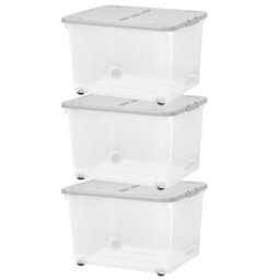 Wham 44L Plastic Storage Box with Wheels and Folding Lid Pack of 3 Clear/Cool Grey