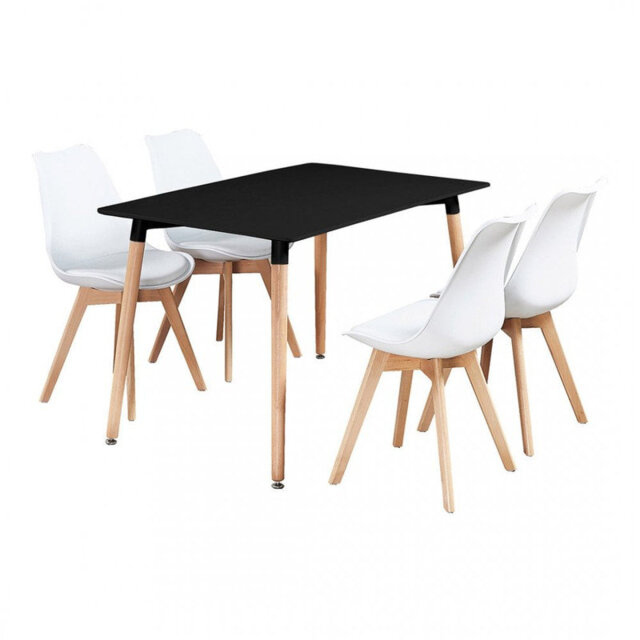 Suellen 4 Person Dining set - a Rectangular Plastic Dining Table with Wooden Legs and a Set of 4 Faux Leather Cushion Padded Dining Chairs for Dining