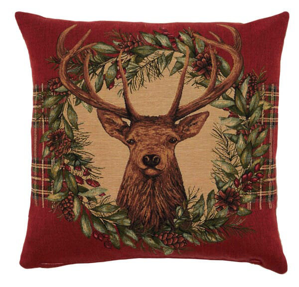 Stag's Head & Wreath Tapestry Cushion with Feather Filler