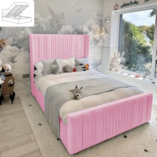 Monai Bed - Wingback Ottoman Storage with Plush Velvet Gas Lift and Headboard
