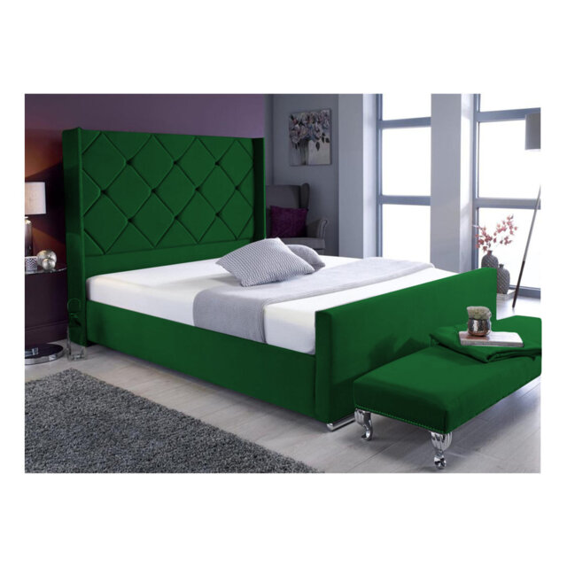 Descanso Chesterfield Velvet Upholstered Bed Frame - Buttoned Headboard, Chrome Feet