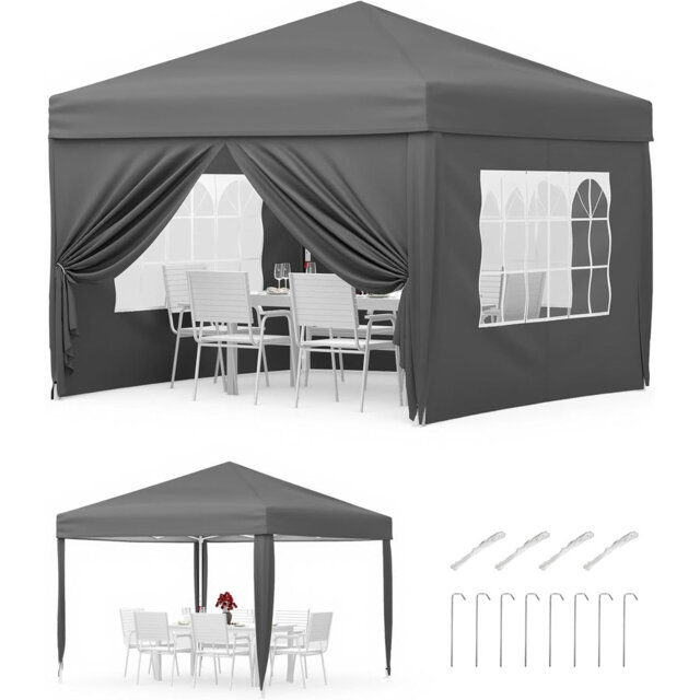 Pop Up Folding Gazebo 3x3m, Waterproof with UV Protection 50+, Height Adjustable, Stable Steel Frame, 4 Side Panels, Pegs, Ropes, Sandbags & Carrying