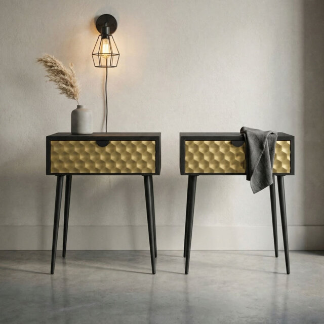 Set of 2 Jupiter Metal 1-Drawer Bedside Tables, Black with Gold-Effect Drawer